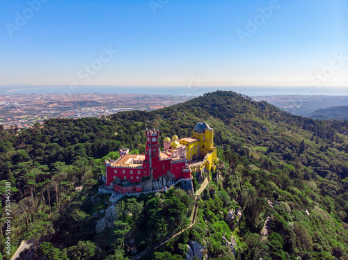 The Pena Palace, Lisbon district, Grande Lisboa, aerial view, shot from drone photo