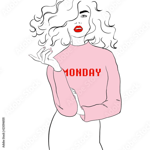 Fashion illustration girl sketch style. Woman in pink sweater with inscription Monday, skirt. Hand drawn fashion girl. Fashion model posing. Sketch. Vector illustration. Fashion, style, youth, beauty