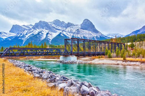 Canmore Engine Bridge Spur Line Trail Over Bow River in the Canadian Rockies  photo