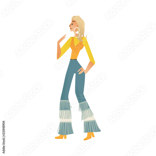 Disco dancing woman vector illustration isolated on white background. Modern cartoon gradient female character in retro clothes and with 70s fashion hairstyle making dance moves.