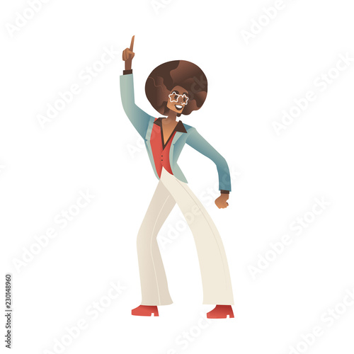 Vector illustration of man dancing disco isolated on white background - young african male cartoon character in retro clothes and with hairstyle of 70s style makes funky dance moves.