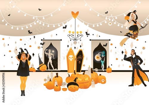 Vector halloween holiday party poster design characters and symbols set. Dracula vampire, witch flying on broom, zombie and mummy from coffin, jack o lanterns scary pumpkins