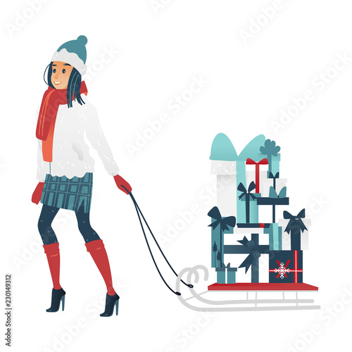 Vector illustration of young woman pulling sleigh with big stack of wrapped and decorated present boxes in cartoon gradient style - girl in winter clothes buying gifts for Christmas and New Year.