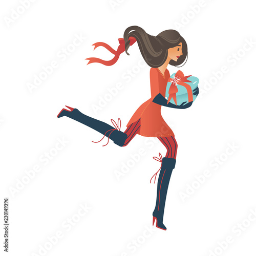 Vector illustration of young woman with wrapped present box runs and hurries to buy gifts in cartoon gradient style for winter holidays design isolated on white background.