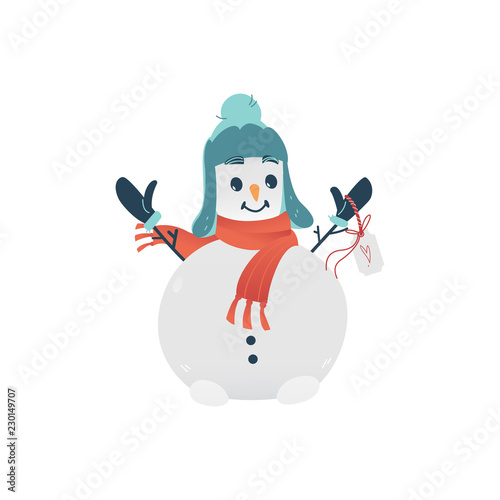 Vector cheerful snowman character with snawfalls body, earflap hat at head , scarf and sticks arms. Christmas new year holiday celebration symbol, xmas outdoor kids fun object illustration