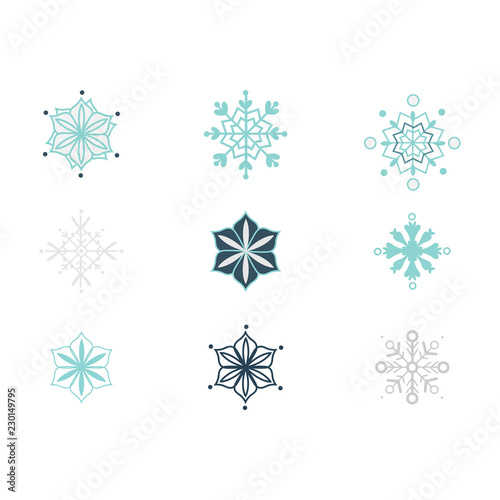 Flat blue snowflake set icon. Winter snow symbol for christmas  new year holidays celebration decoration design. Seasonal ice ornament element  traditional xmas sign. Vector illustration