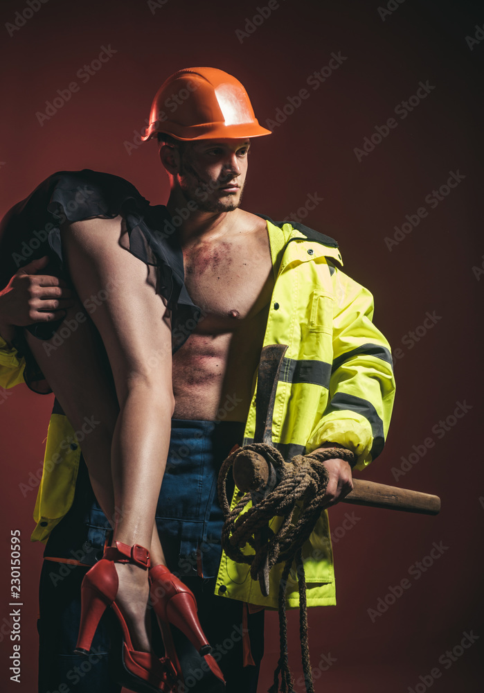 Dominating in the foreplay sexual role play. Firefighters sexy body muscle  man holding saved sexy woman. Risky occupations concept. Firefighter - Hot  and sexy. Stock 写真 | Adobe Stock