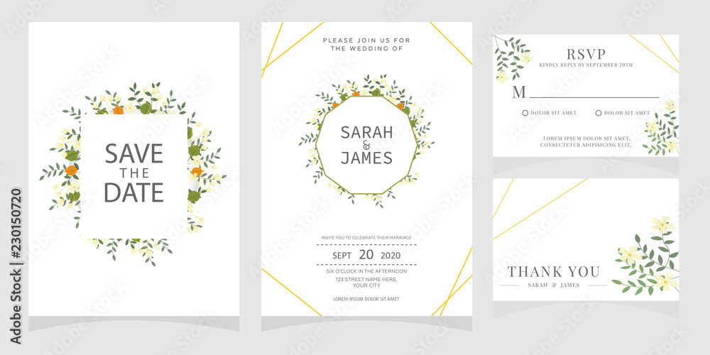 wedding card invitation with beauty flowers. Wedding Invitation floral invite Rsvp cute card vector Designs set