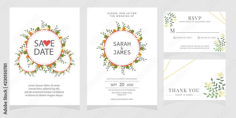 Fototapeta premium wedding card invitation with beauty flowers. Wedding Invitation floral invite Rsvp cute card vector Designs set