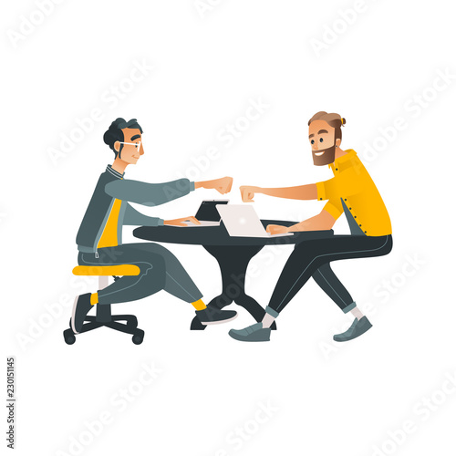 Coworking communication vector illustration with two men working with laptops and conversing in cartoon style isolated on white background. Male characters in convenient workplace.