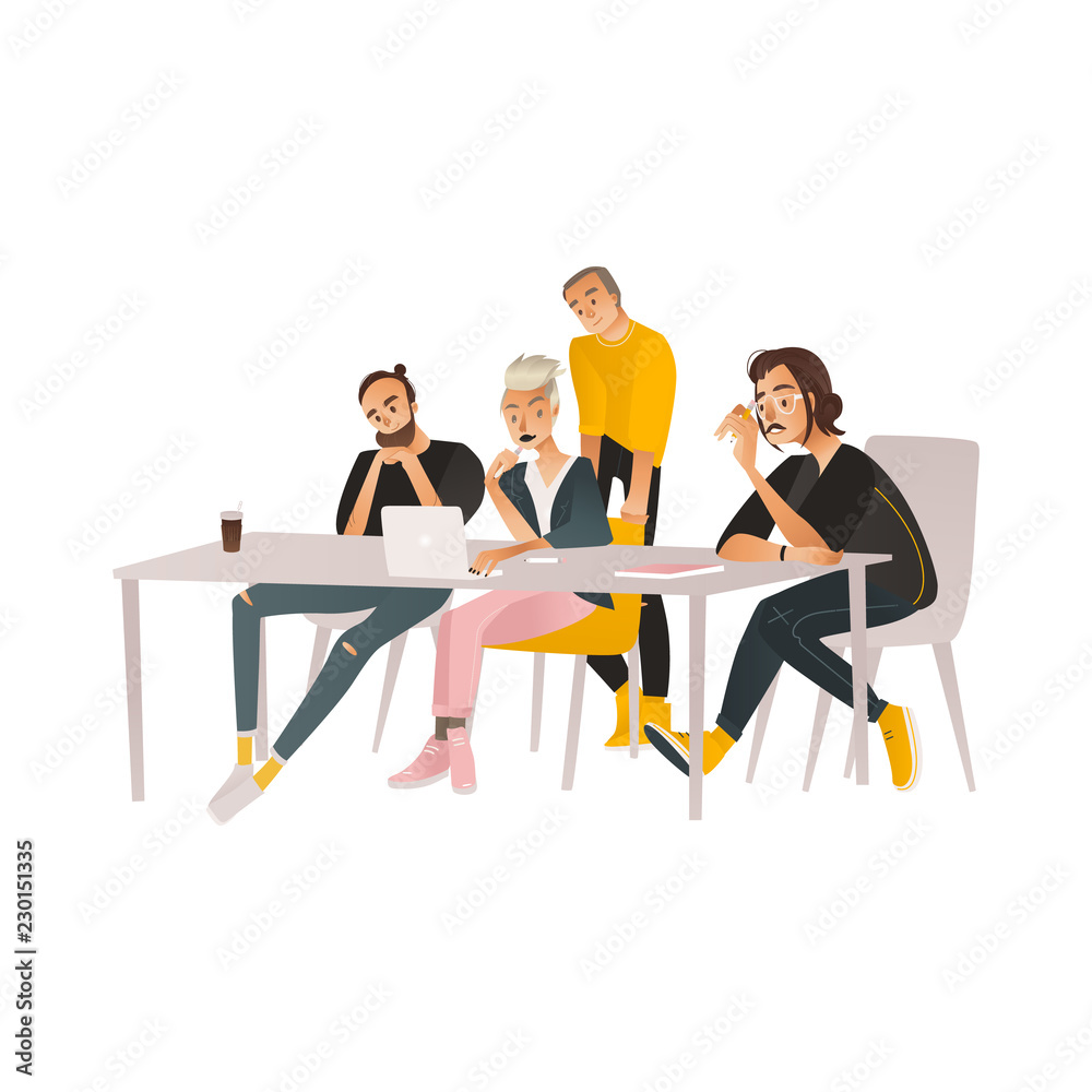 Coworking communication vector illustration with team of people working  with laptop and discussing process in cartoon style isolated on white  background - business meeting and brainstorming concept. Stock Vector |  Adobe Stock