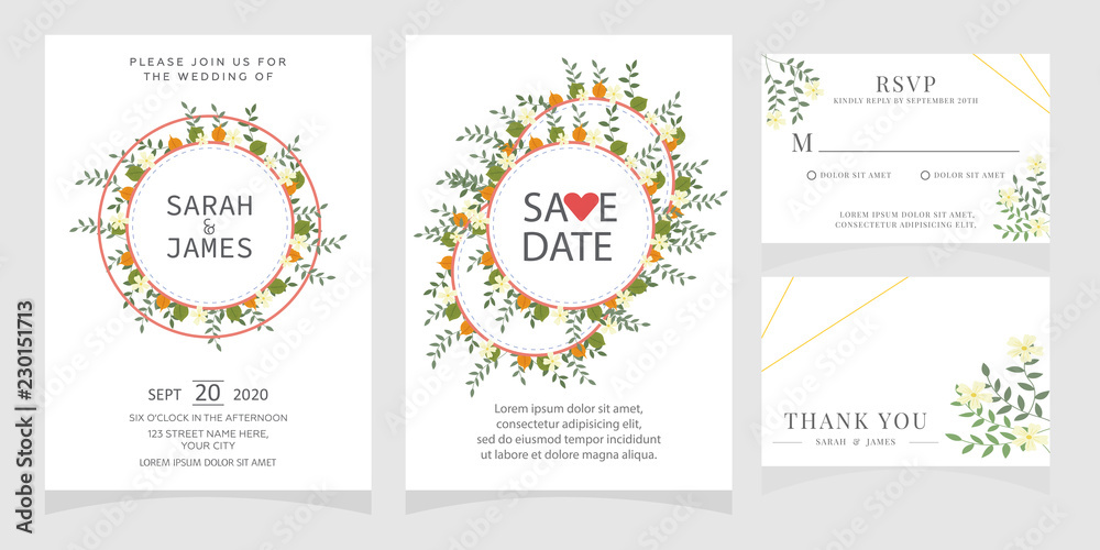 Fototapeta premium wedding card invitation with beauty flowers. Wedding Invitation floral invite Rsvp cute card vector Designs set