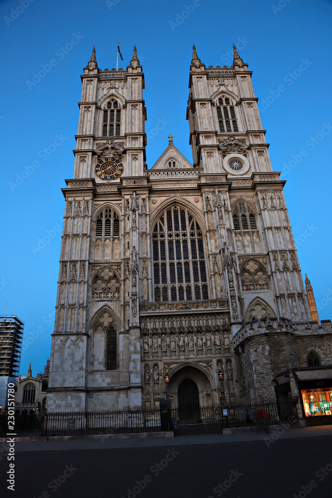 Fototapeta premium Twilight view of Westminster Abbey, London, UK, Shallow focus