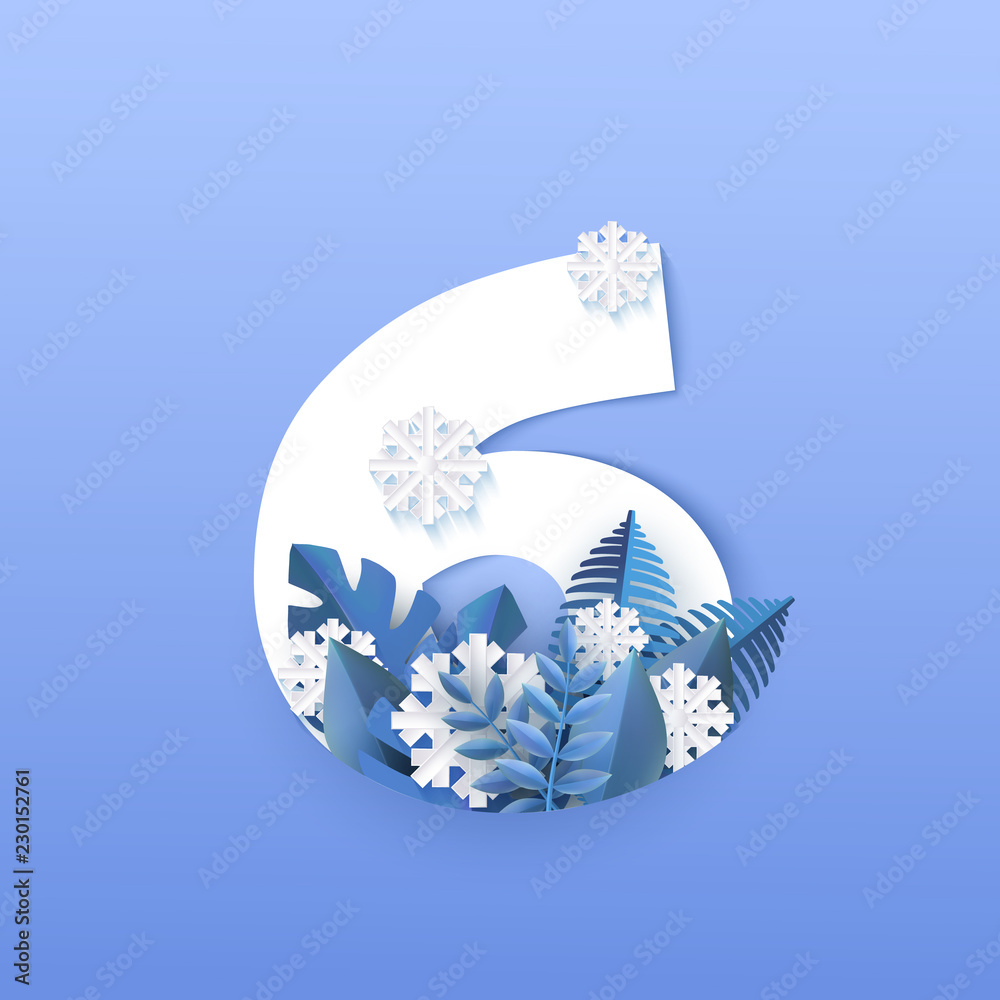 Vector illustration of numeral 6 natural winter design. Decorative element of white number six surrounded by blue plant leaves and falling snowflakes in paper art isolated on gradient background.