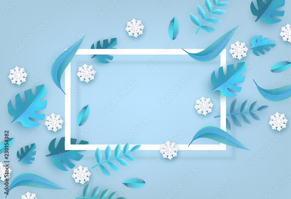 Vector winter background template with abstract fresh green leaves and  snowflakes with rectangle frame. New year, christmas holidays wallpaper,  layout with seasonal florals and icy snow. Stock Vector | Adobe Stock