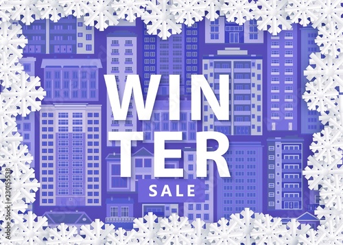 Vector illustration of winter sale banner with blue background with city multistorey houses with white snowflakes frame in paper art style - seasonal special offer design with downtown elements.