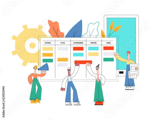 Vector illustration of scrum planning technique of teamwork concept in trend flat style isolated on white background. Little people discussing tasks and results standing near huge agile board.