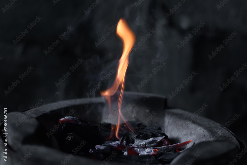 The flames are burning in the furnace. Blazing flames flare in the furnace. The flames are burning in the furnace. Blazing flames flare in the furnace.