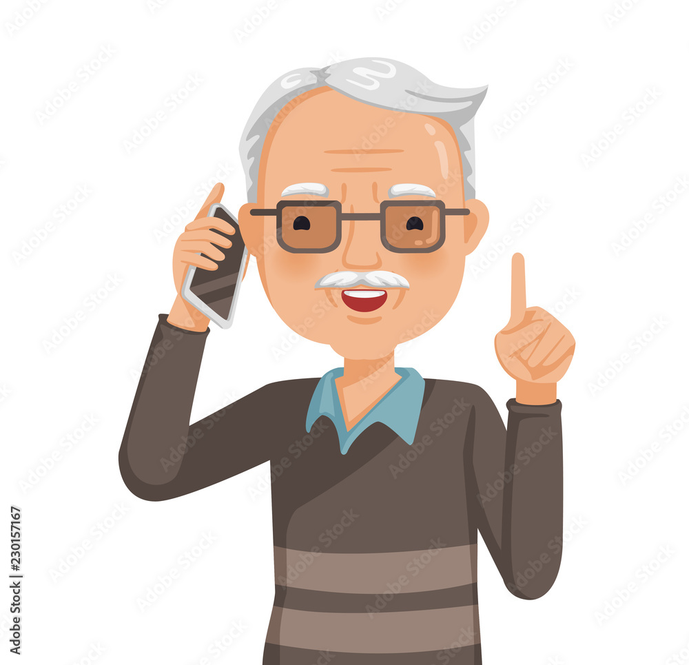Elderly man on phone and smiling. Talking on the phone. Hold up. Old man's face with glasses are laughing happily . Daily life with the use of communication tools. Business during retirement. Vector Elderly man on phone and smiling. Talking on the phone. Hold up. Old man's face with glasses are laughing happily . Daily life with the use of communication tools. Business during retirement. Vector