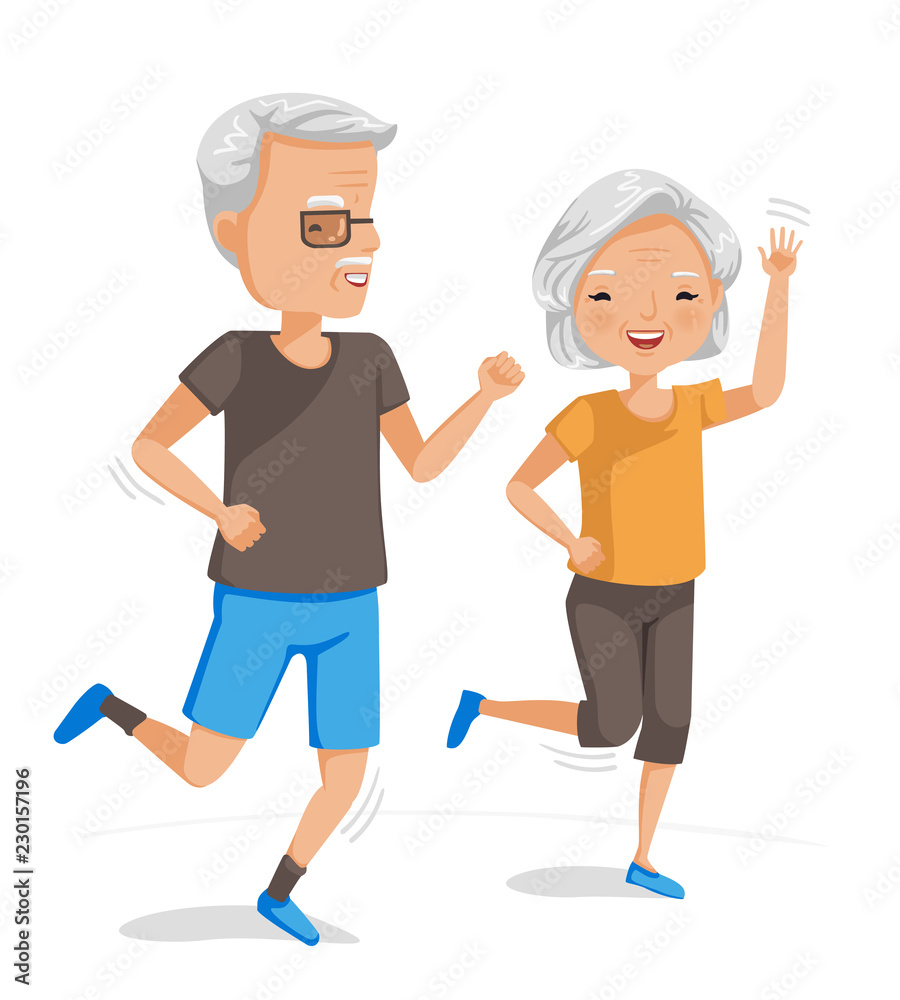 Couple elderly running together. Exercise of senior. Portrait of handsome  and beautiful grandmother and grandfather doing health care activities. Vector  illustrations isolated on white background. Stock Vector