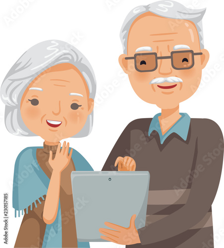 Elderly couple reading. Senior adult  holding tablet reading together. vector illustrations Isolated on white background.