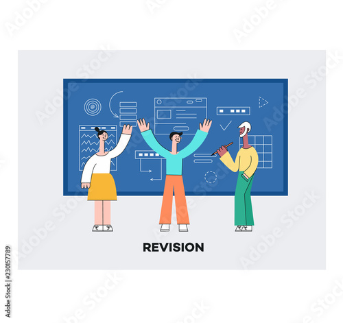 Vector mobile application development revision teamwork concept poster with stylized young women and man making app design creating interface for smartphone, tablet or laptop devices window background