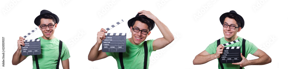 Funny man with movie board Funny man with movie board