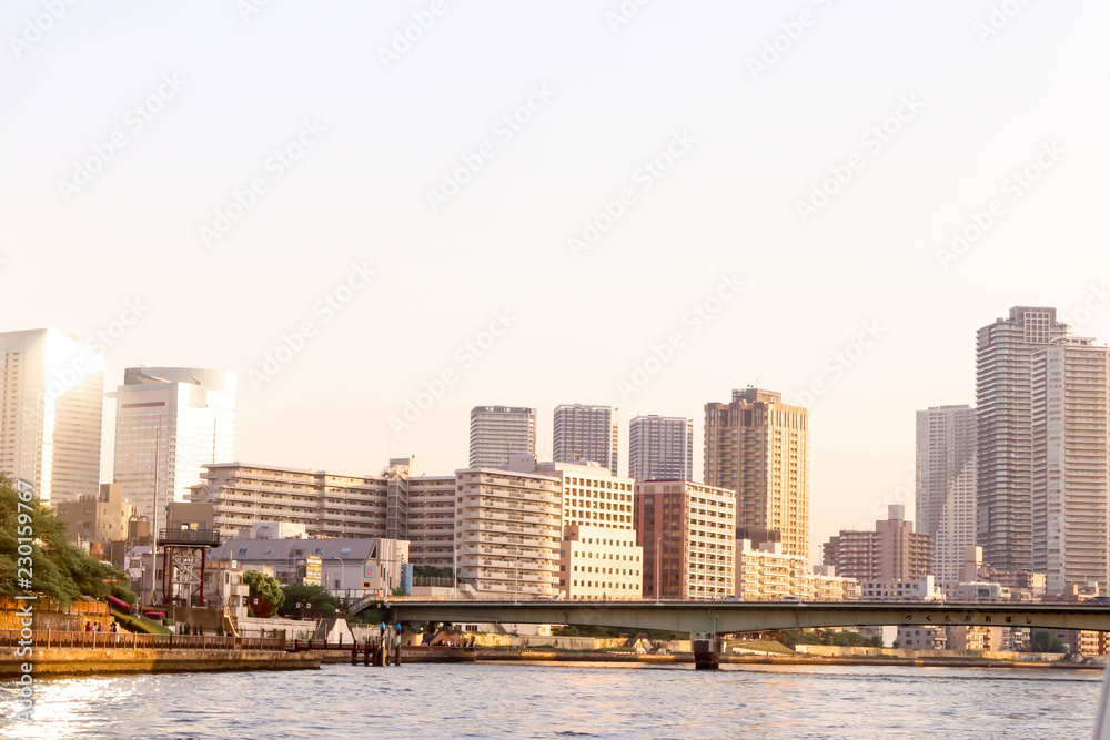 Landscape View of cityscape sumida river viewpoint to see boats in tokyo
