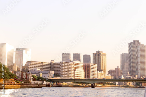 Landscape View of cityscape sumida river viewpoint to see boats in tokyo