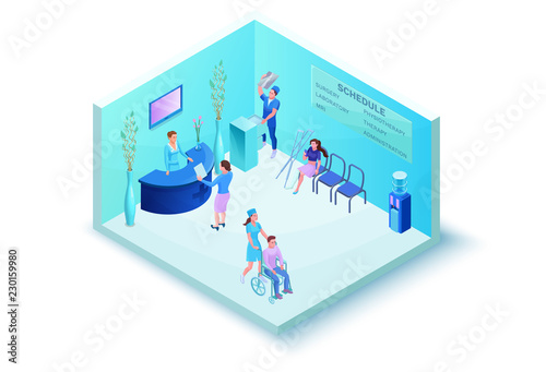 Hospital registry or medical clinic reception, clinical lobby or waiting room with adminisrator, doctor, patient, nurse, 3d isometric illustration with medicine reception, healthcare concept