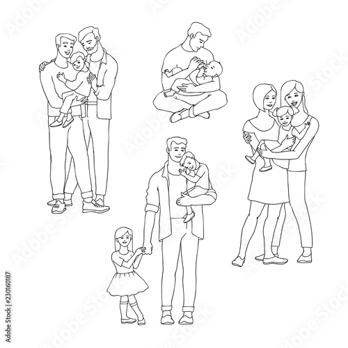 Gay family vector illustration set with happy men and women with their kids in line sketch style isolated on white background - hand drawn smiling homosexual people embracing their children with love.