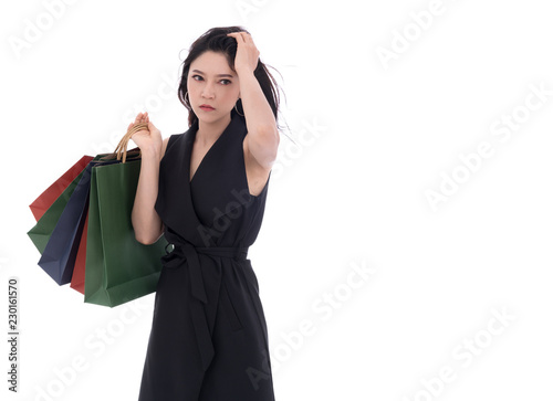 Caption/Description: stressed woman holding shopping bag isolated on white background