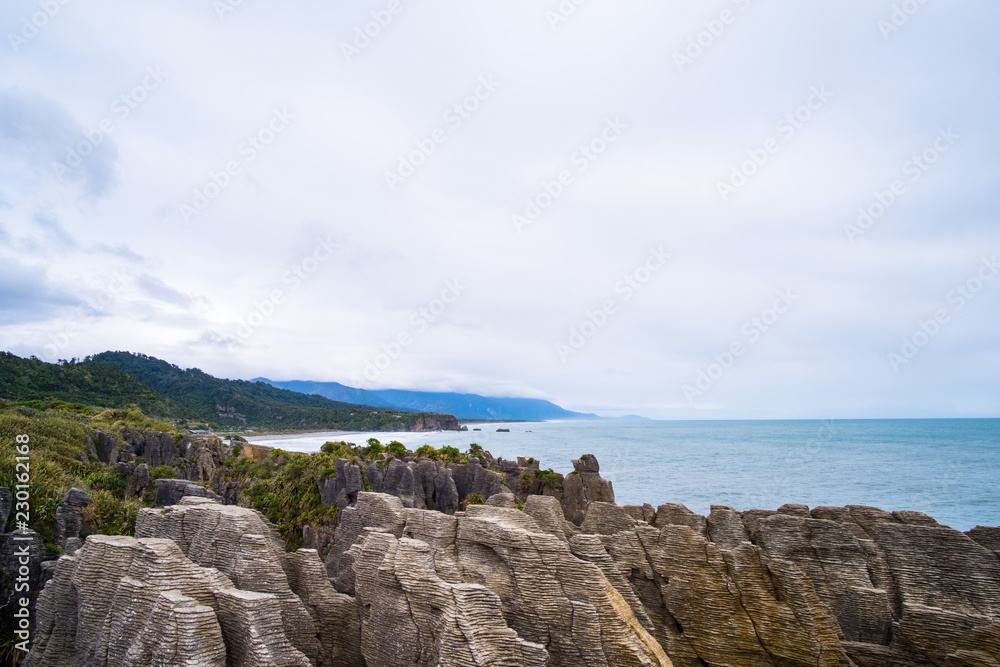 Pancake rocks, West coast, New Zealand. Cloudy day.