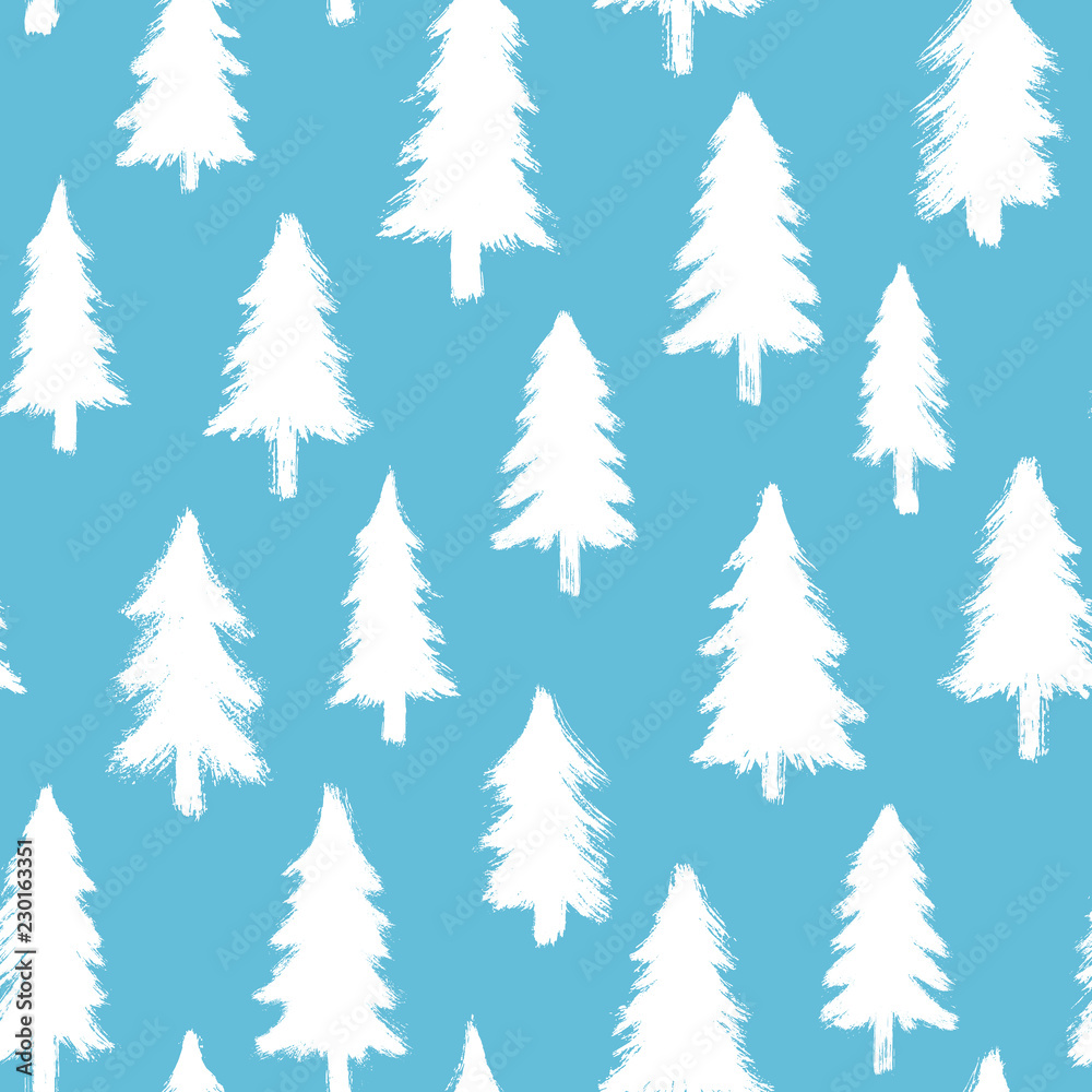 Seamless pattern with white Christmas forest isolated on teal background. Winter trees wallpaper. Doodle style grunge shapes.