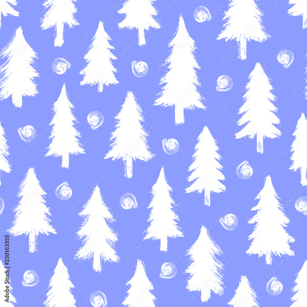 Seamless pattern with white Christmas trees and stylized round snowflakes isolated on blue background. Winter forest wallpaper. Doodle style grunge shapes.