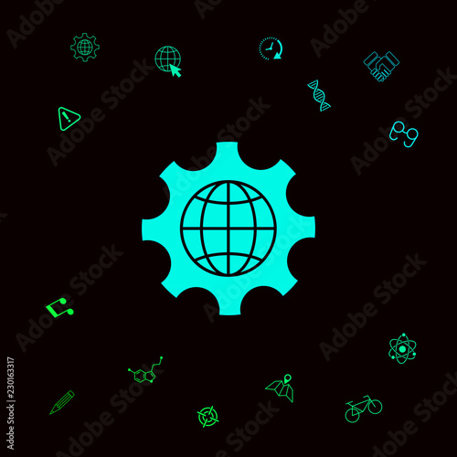 Globe of the Earth inside a gear or cog, setting parameters, Global Options icon . Graphic elements for your designt photo