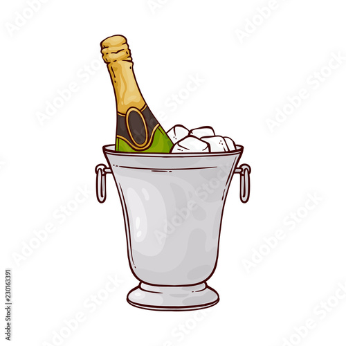 Vector illustration of champagne bottle in ice bucket in sketch style - hand drawn container with festive fizzy drink isolated on white background for congratulation or invitation card.