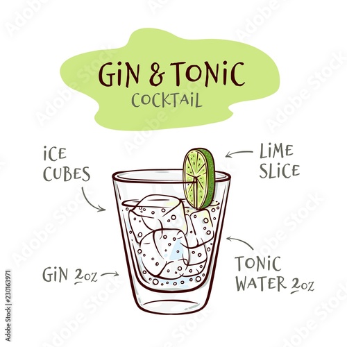 Vector illustration of gin and tonic cocktail recipe with proportions of ingredients in sketch style - hand drawn glass with ice cubes and alcohol drink isolated on white background.
