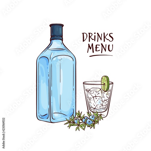 Vector illustration of gin and tonic cocktail in glass with ice and slice of lime and blue bottle with alcohol beverage and juniper berries in sketch style isolated on white background.