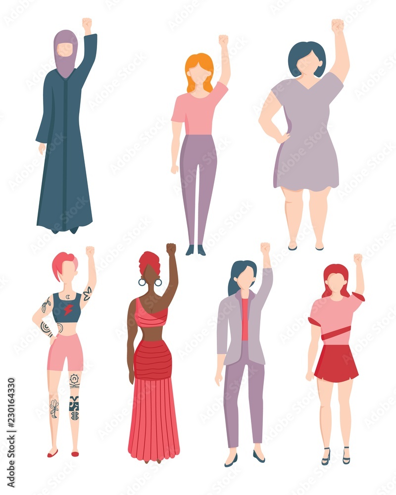 Vector caucasian, indian, arabic young women in ethnic and casual clothing raising hand in fist up in female rights, feminism and protest. Female character againts gender discrimination, racism