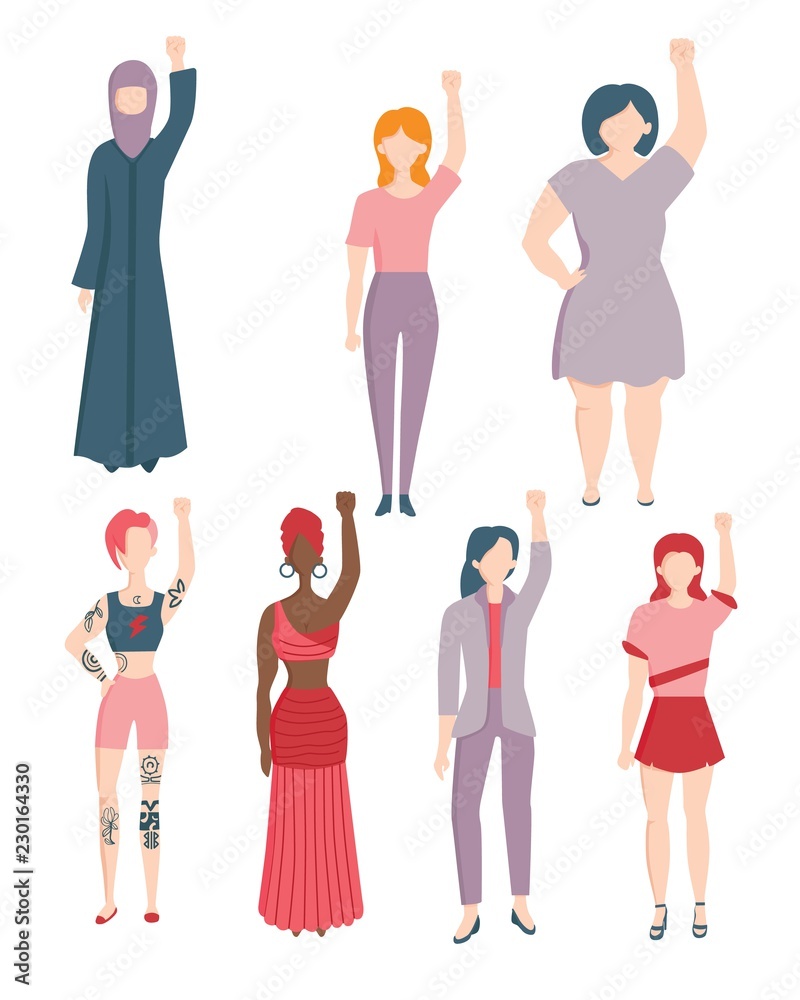 Vector caucasian, indian, arabic young women in ethnic and casual clothing raising hand in fist up in female rights, feminism and protest. Female character againts gender discrimination, racism Vector caucasian, indian, arabic young women in ethnic and casual clothing raising hand in fist up in female rights, feminism and protest. Female character againts gender discrimination, racism