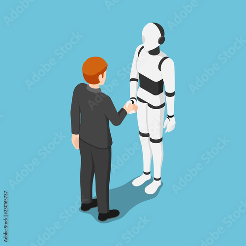 Isometric businessman shake hands with ai robot