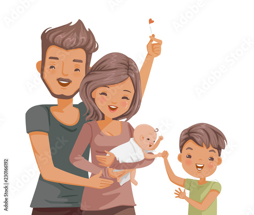 mother holding newborn baby. The brother greeted her first sister. Little daughter and son is healthy. Husband embraces wife. Welcomed the birth of a new member of the family. Moments of happy family