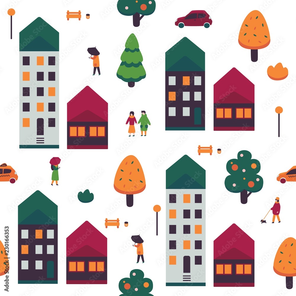 Autumn cityscape vector illustration seamless pattern with people in warm clothes walking on street with apartment houses and colorful trees on white background - seasonal urban backdrop.
