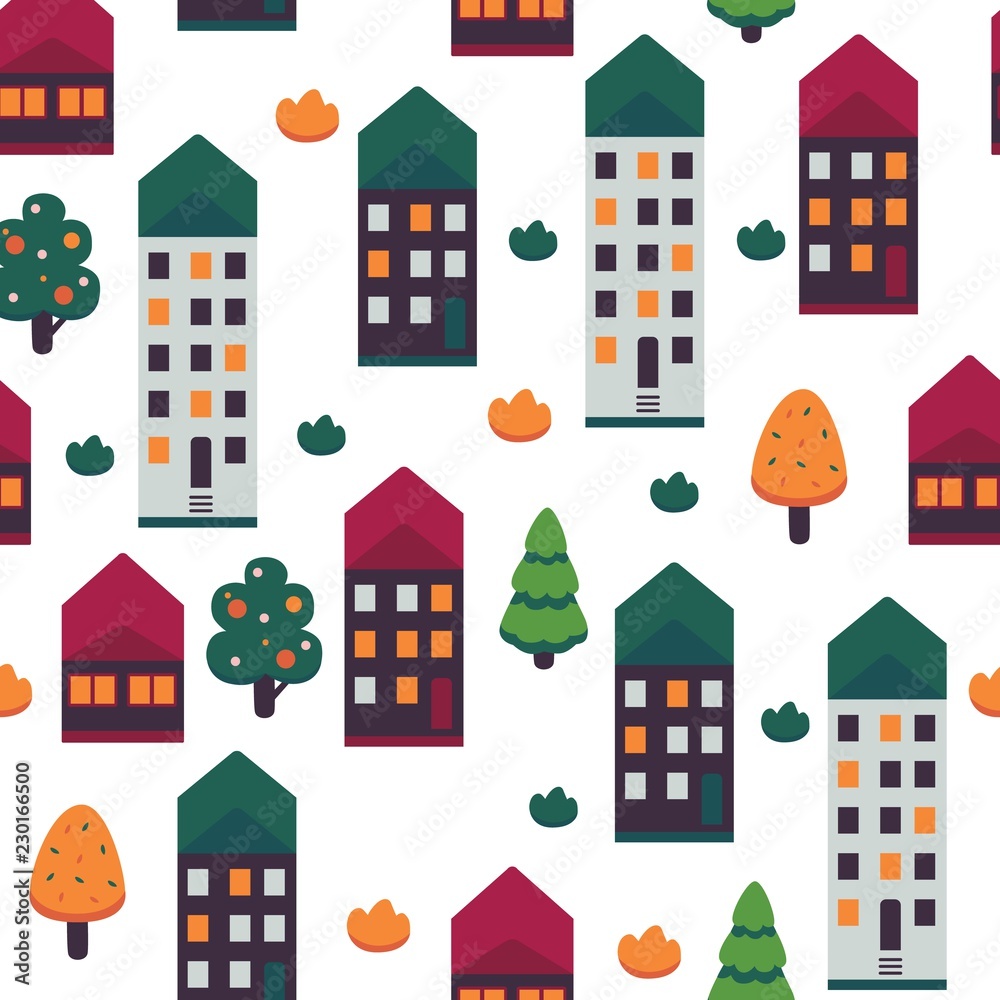 Vector illustration of autumn city seamless pattern on white background - multi storey apartment buildings with light in windows and colorful roofs on street with color trees and bushes.