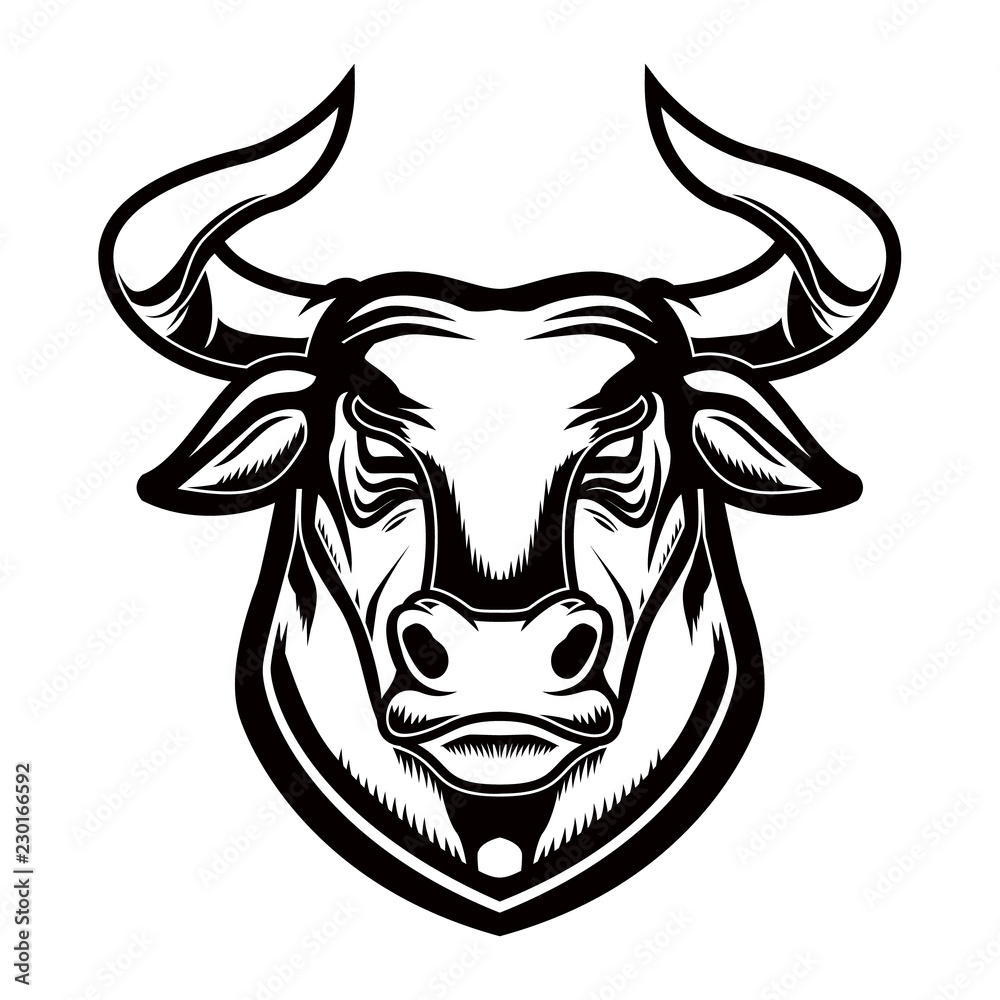 Bull head in engraving style. Design element for logo, label, emblem, sign, poster.