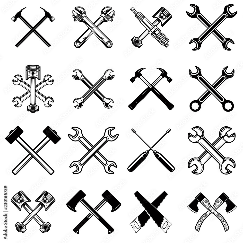 Set of crossed saws, hammers, pistons, wrench, axe. Design element for logo, label, emblem, sign. Set of crossed saws, hammers, pistons, wrench, axe. Design element for logo, label, emblem, sign.