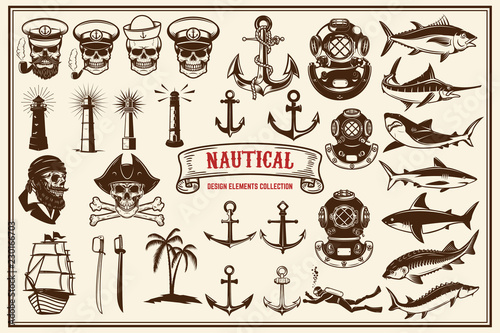 Big set of design elements for nautical emblems, seafood restaurant. photo
