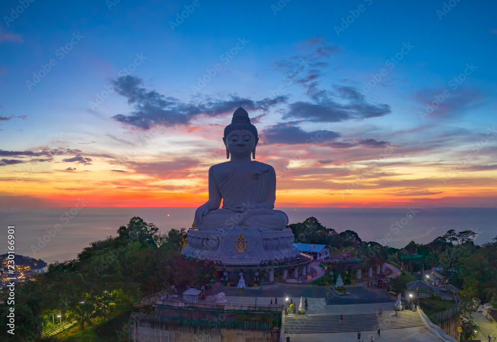 aerial view sunset at Phuket big Buddha is one of the island most important and revered .landmarks on Phuket islan