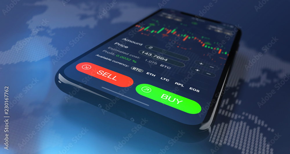 Futuristic stock exchange scene with mobile phone, chart, numbers and BUY and SELL options (3D illustration)